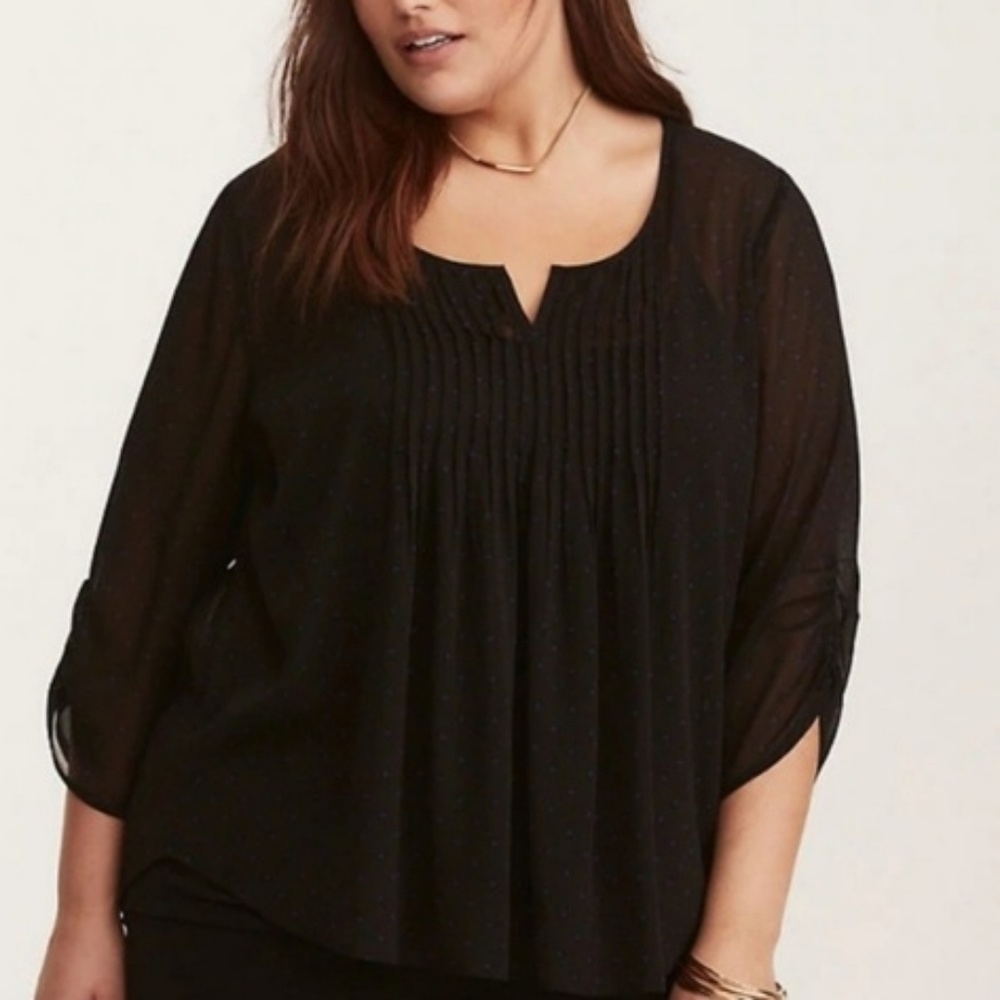 Torrid Sheer Black Top W/Blue Polka Dots Sz 3